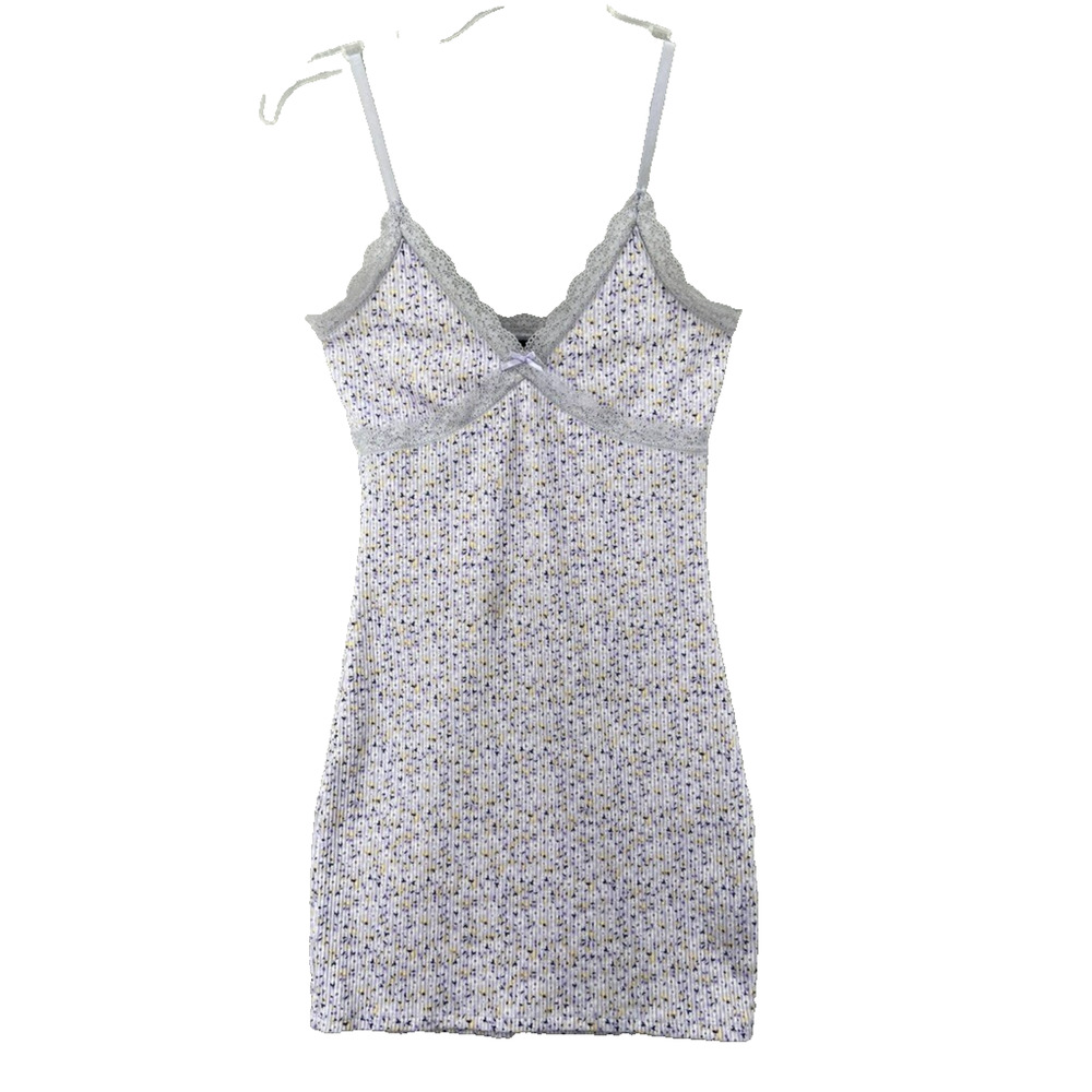 H&M Divided Women Dress Sz S Y2K‎ Lilac Floral Ribbed Lace Spaghetti Mini Tank